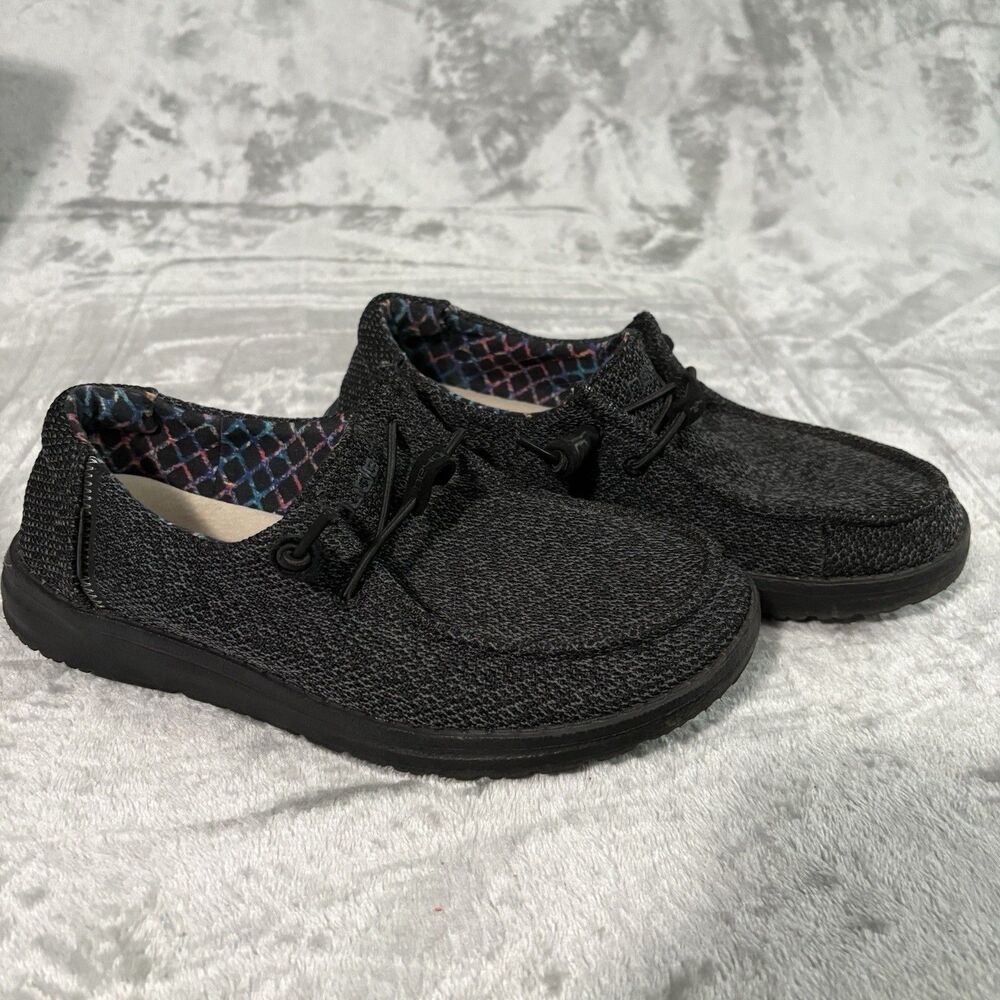 Hey Dude Wendy Sox Micro Women’s Size 6 Slip On Total Black Comfort Pattern